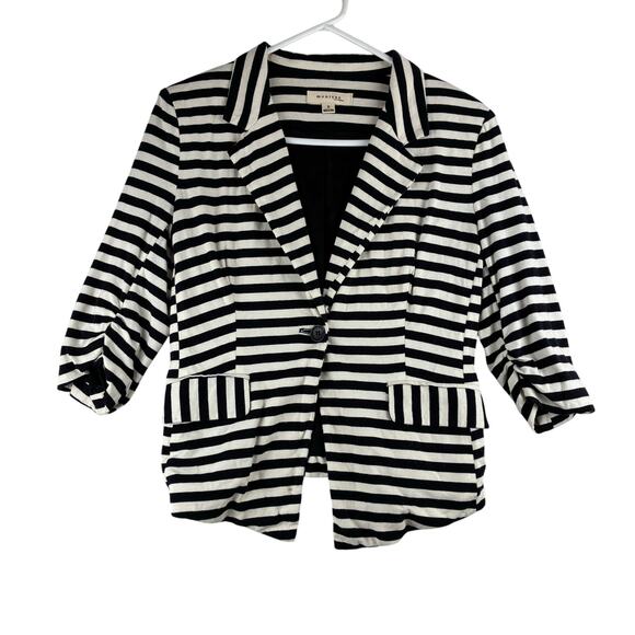 Monteau Blazer Style Jacket Women's Small Black& White Stripe Ruched 3/4 Sleeves - Picture 1 of 10